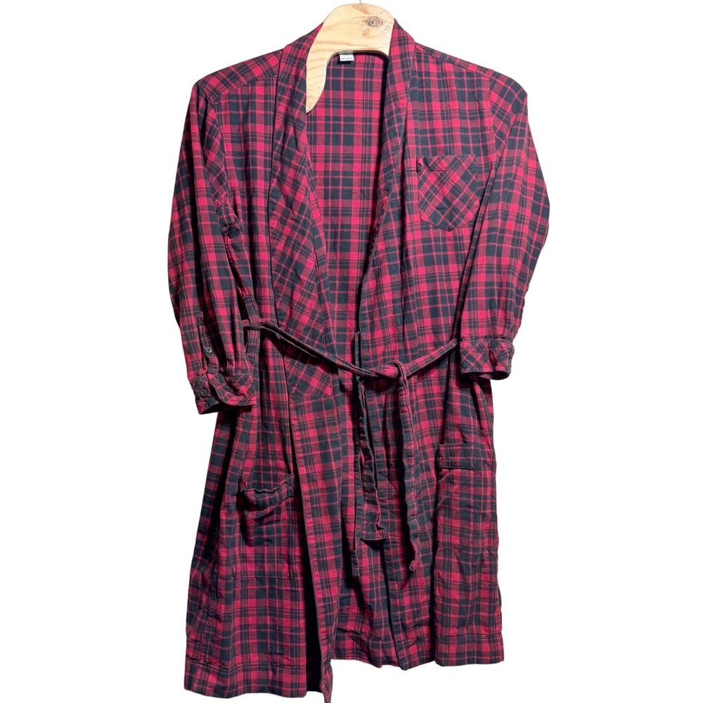 Duluth Trading Co Red Black Plaid Cotton Robe XXL Long Sleeve Belted Loungewear